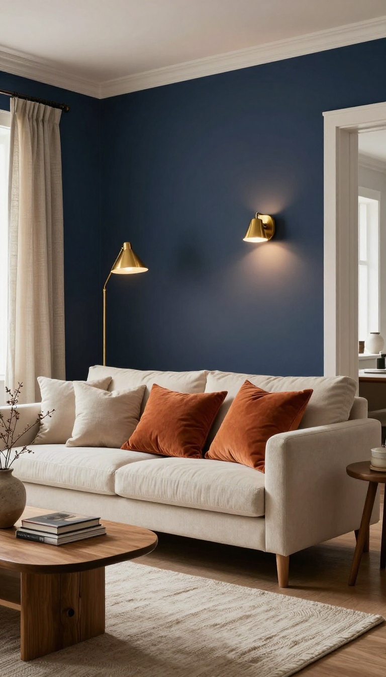 Cozy living room with deep navy blue walls, cream sofa, brass lighting, and warm wood accents styled for a moody but inviting home decor look