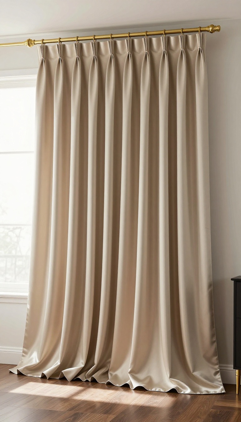 Luxury bedroom with floor-length champagne silk drapes on a brass rod and blackout shades, styled for an elegant retreat