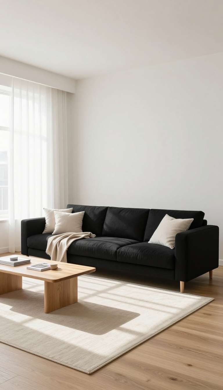 Bright airy living room with a black couch surrounded by pale walls, light floors, and lots of natural light