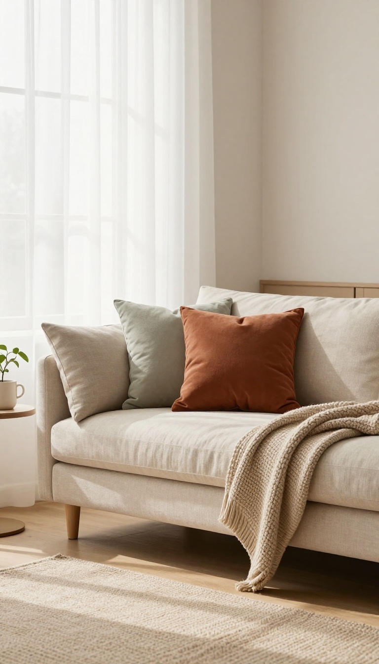 Cozy bedroom corner with a low-profile linen sleeper sofa, soft cushions, and bright natural window light