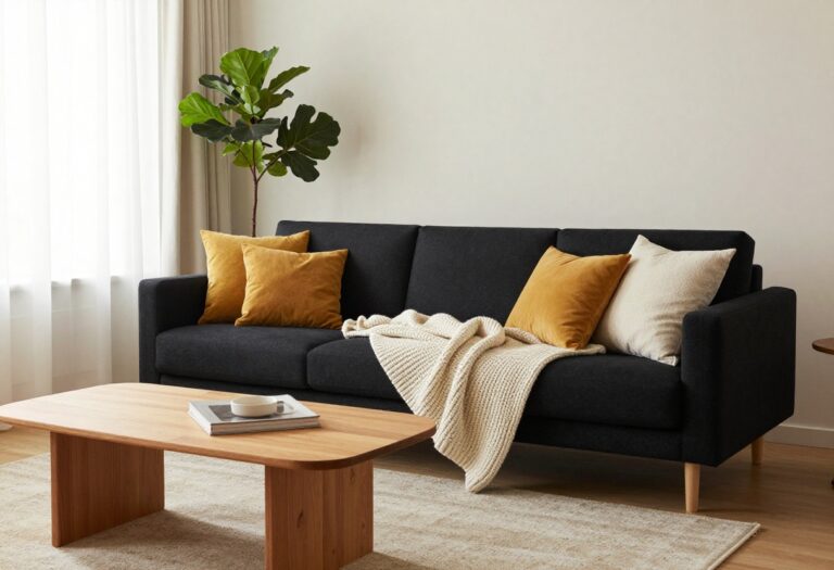A stylish living room with a black couch, colorful pillows, a light rug, and a plant by the window.