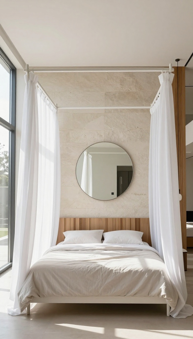 Bright modern mansion bedroom with a white canopy bed frame and a textured stone and wood feature wall behind the bed