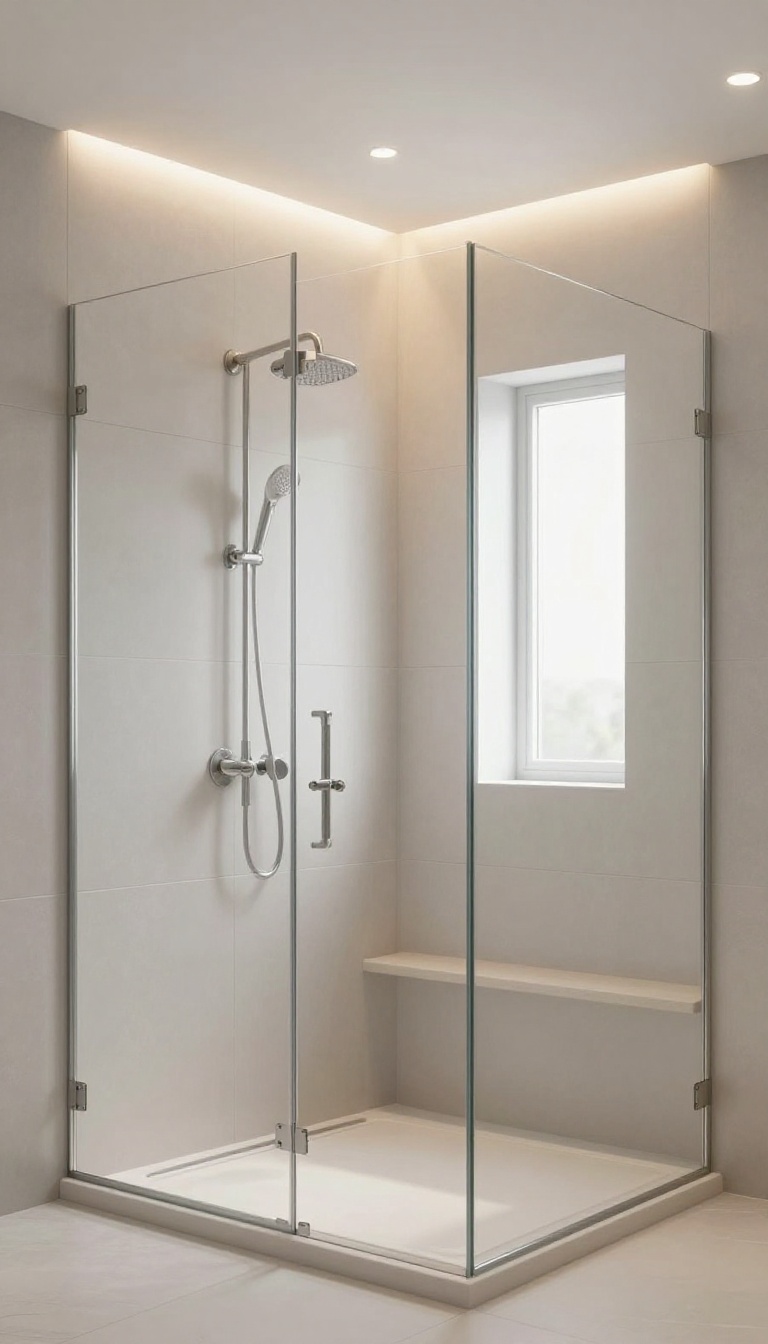 Bright basement shower with moisture-proof recessed lighting and wall sconce, featuring a glass enclosure and light gray tiles.