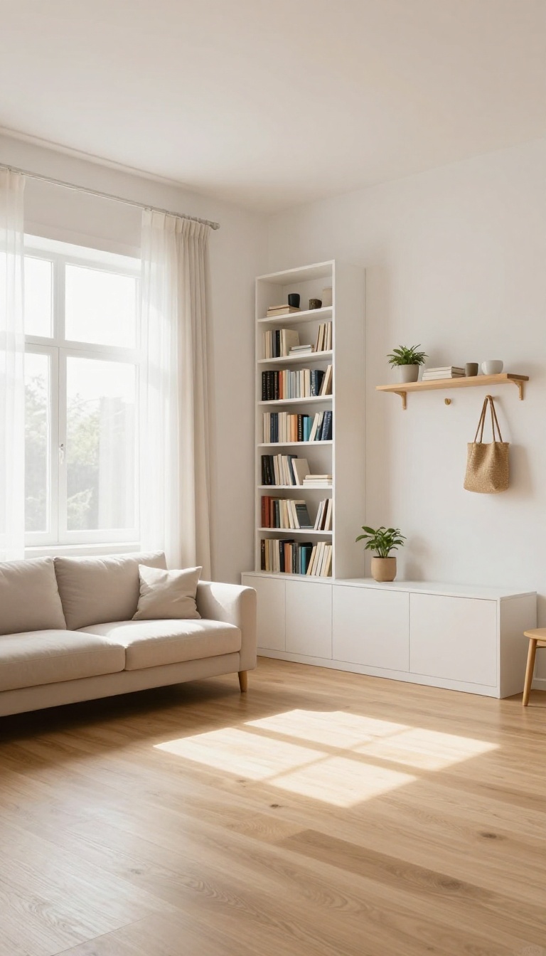 Bright low-ceiling living room with tall narrow shelving and floating wall shelves creating vertical storage and clear floor space