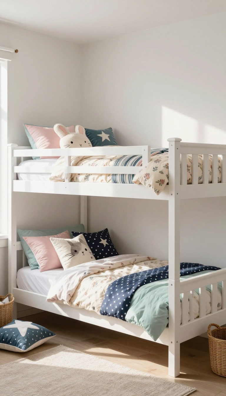 Girls bunk bed with personalized bedding, pastel pink and cream on top bunk and mint and navy on bottom bunk, bright shared bedroom