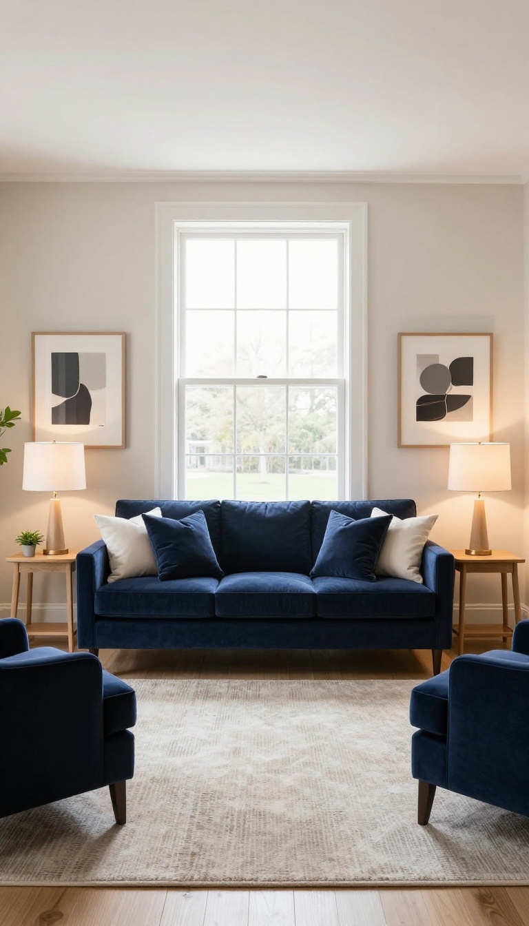 Symmetrical navy blue couch living room with matching side tables, lamps, and framed art flanking the sofa in bright natural light