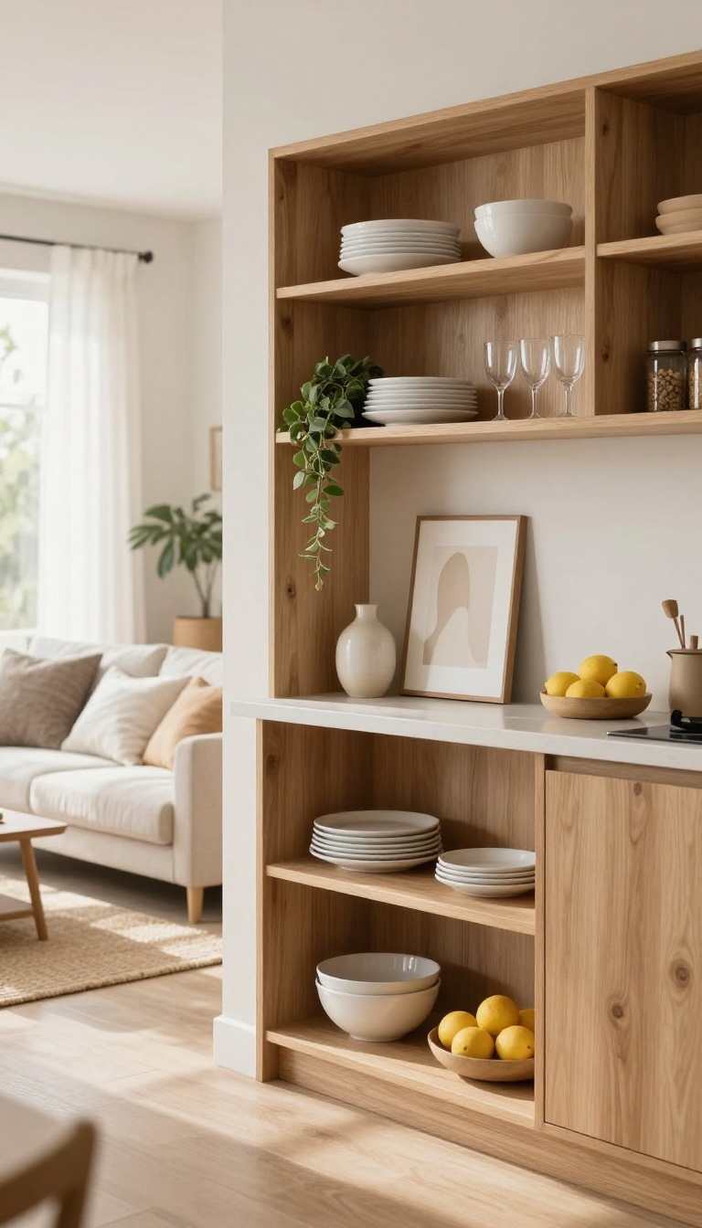 Bright open-plan living room and kitchen with airy open wooden shelves holding stacked dishes, glasses, spices, a plant, and a framed print as a soft divider between the two zones