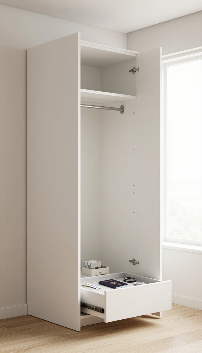 Modern bedroom wardrobe with an open drawer revealing a hidden felt-lined compartment for valuables and cables