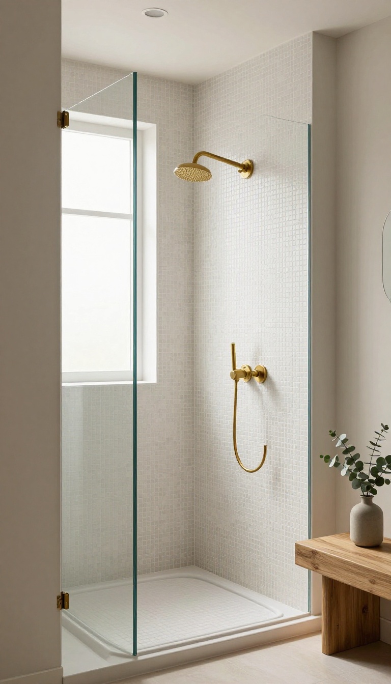Bright bathroom with a curved mosaic-tiled knee wall and custom curved glass shower panel, styled with natural light and warm neutral finishes