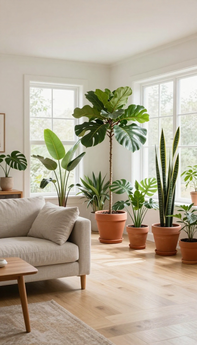 Bright open-plan living room divided into two zones by a row of tall potted plants including a fiddle leaf fig and monstera in terracotta pots