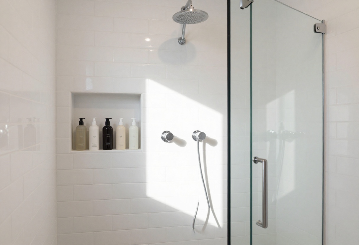 Modern shower with a recessed niche and neatly arranged toiletries.