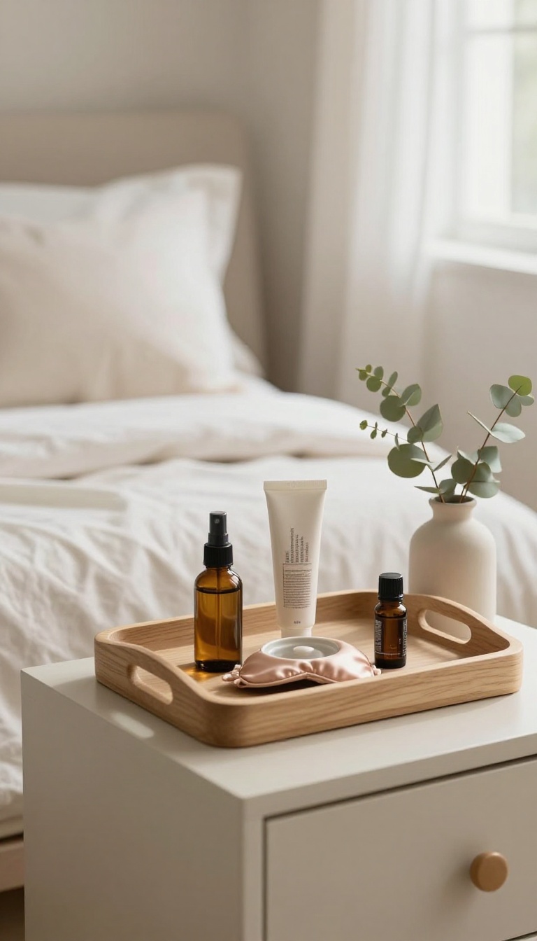 Spa-inspired nightstand with a tray of hand cream, sleep mask, pillow spray, and eucalyptus for a calming bedroom retreat