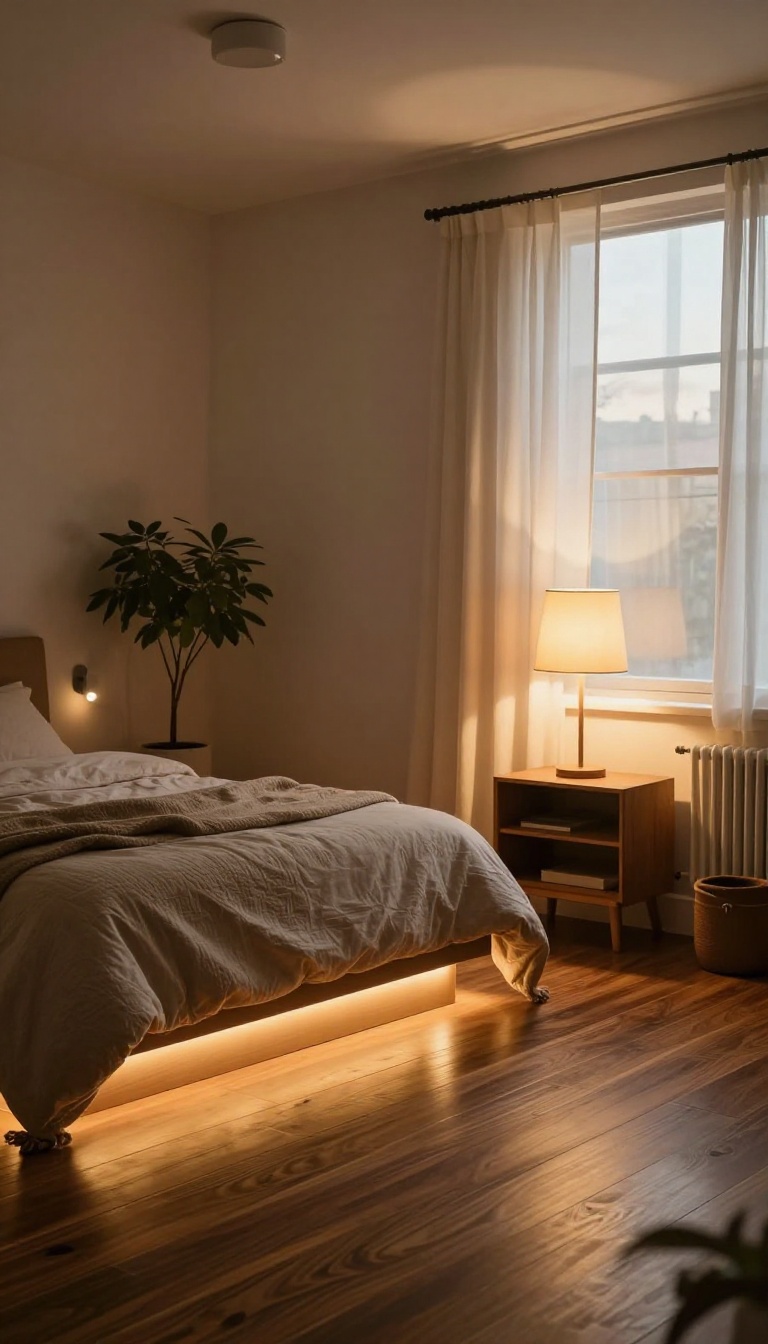 Cozy dark wood floor bedroom glowing with warm layered lighting from bedside lamps, ceiling fixture, and accent uplights