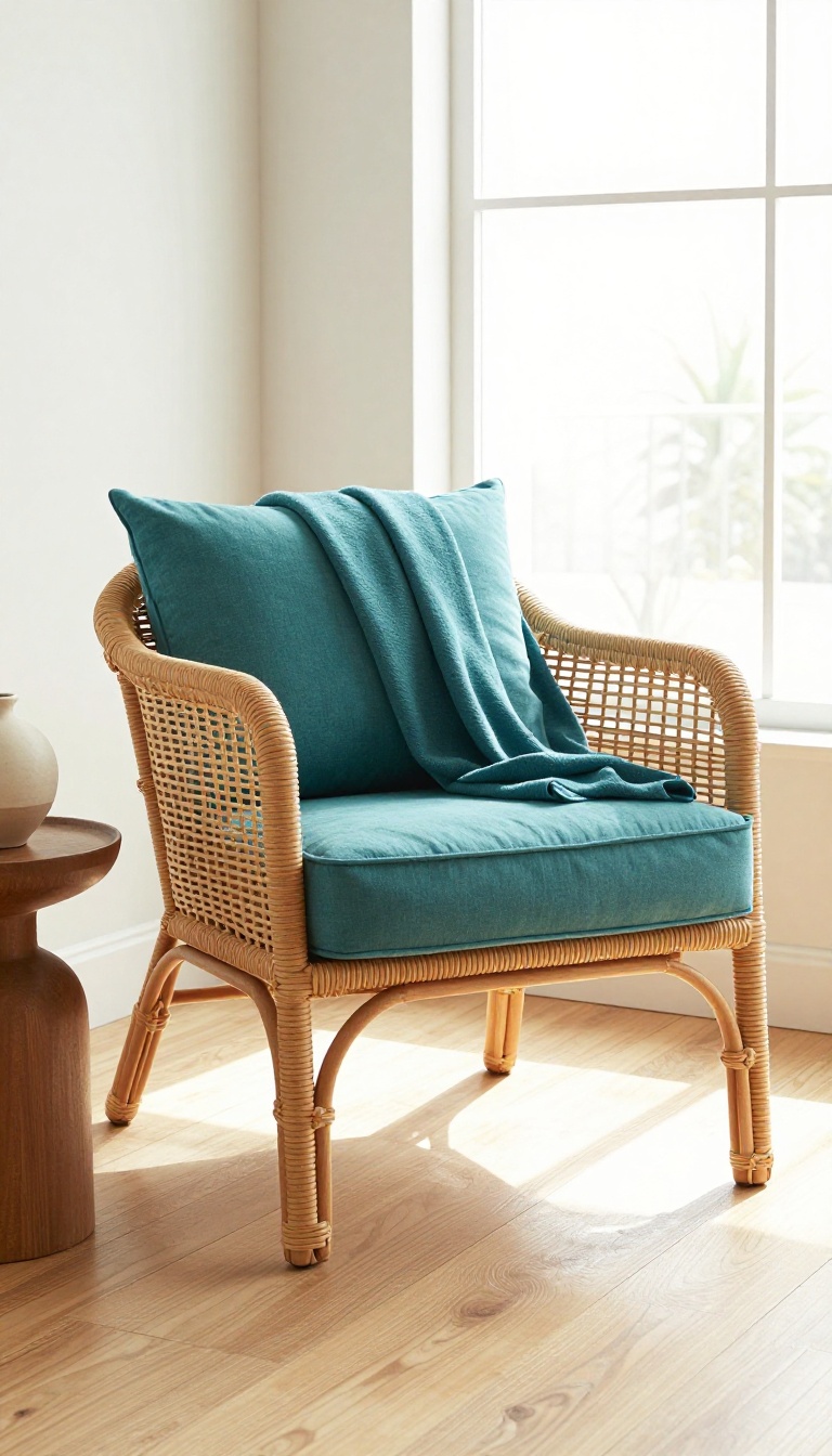 Natural brown rattan armchair with teal cushions in a bright living room reading nook