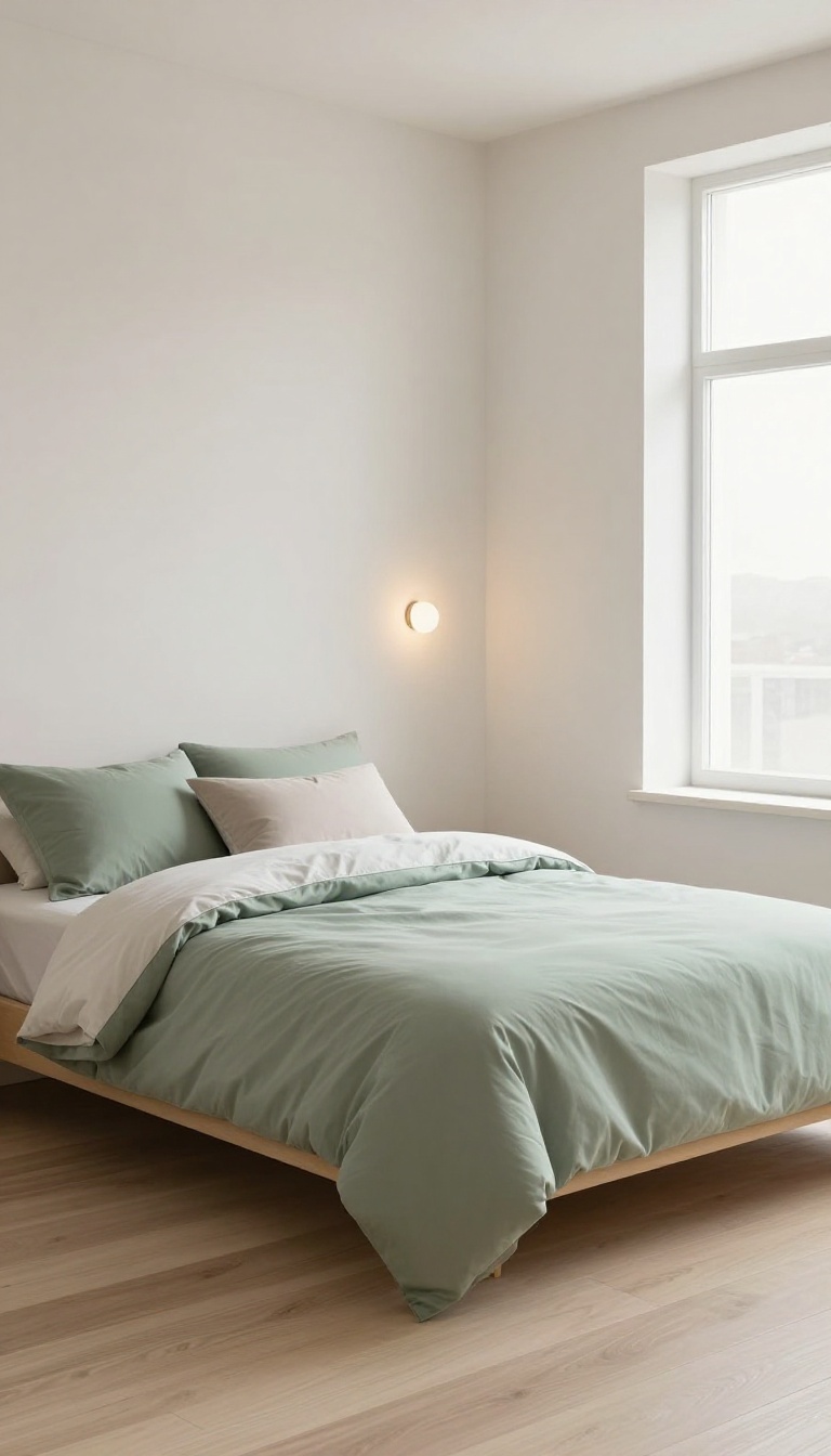 Minimalist bedroom with a low platform bed and a soft sage green comforter in bright natural light