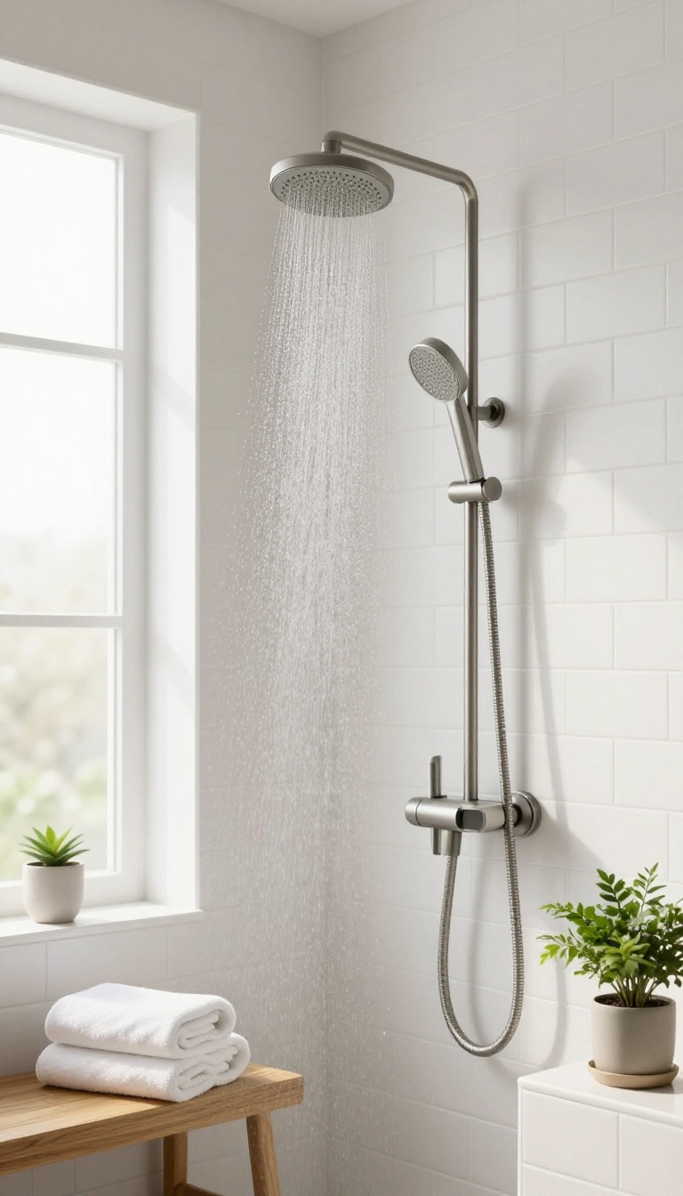 Brushed nickel handheld shower wand on a slide bar in a bright modern master bathroom with white tile and natural light