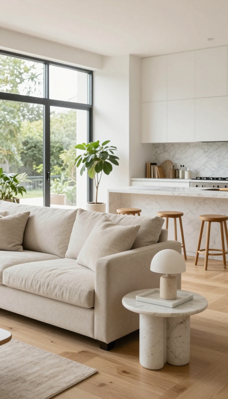 Bright open-concept living room and kitchen with a marble backsplash echoed by a marble side table, tray, and stone lamp base in the living area