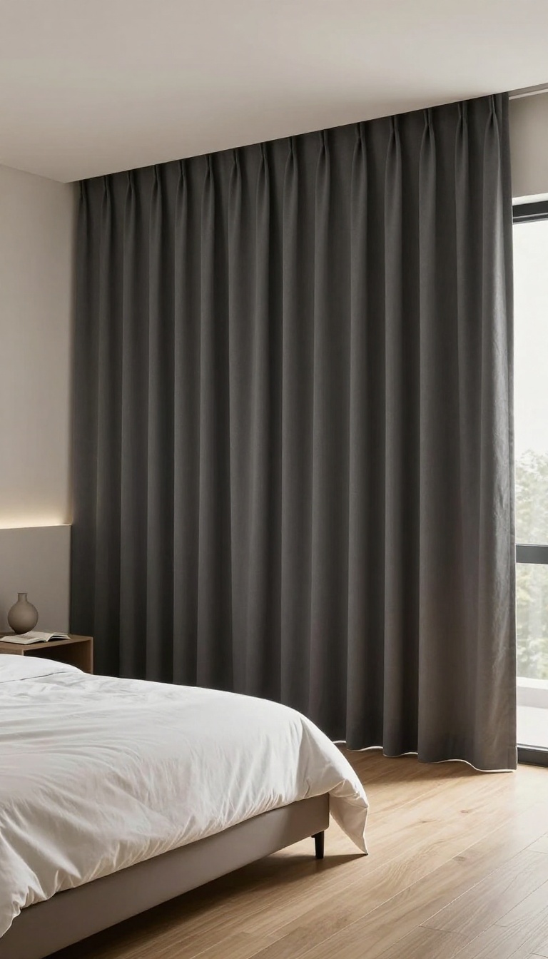 Bedroom with floor-to-ceiling blackout curtains hung at the ceiling and pooling on the floor, making the room look taller and calmer