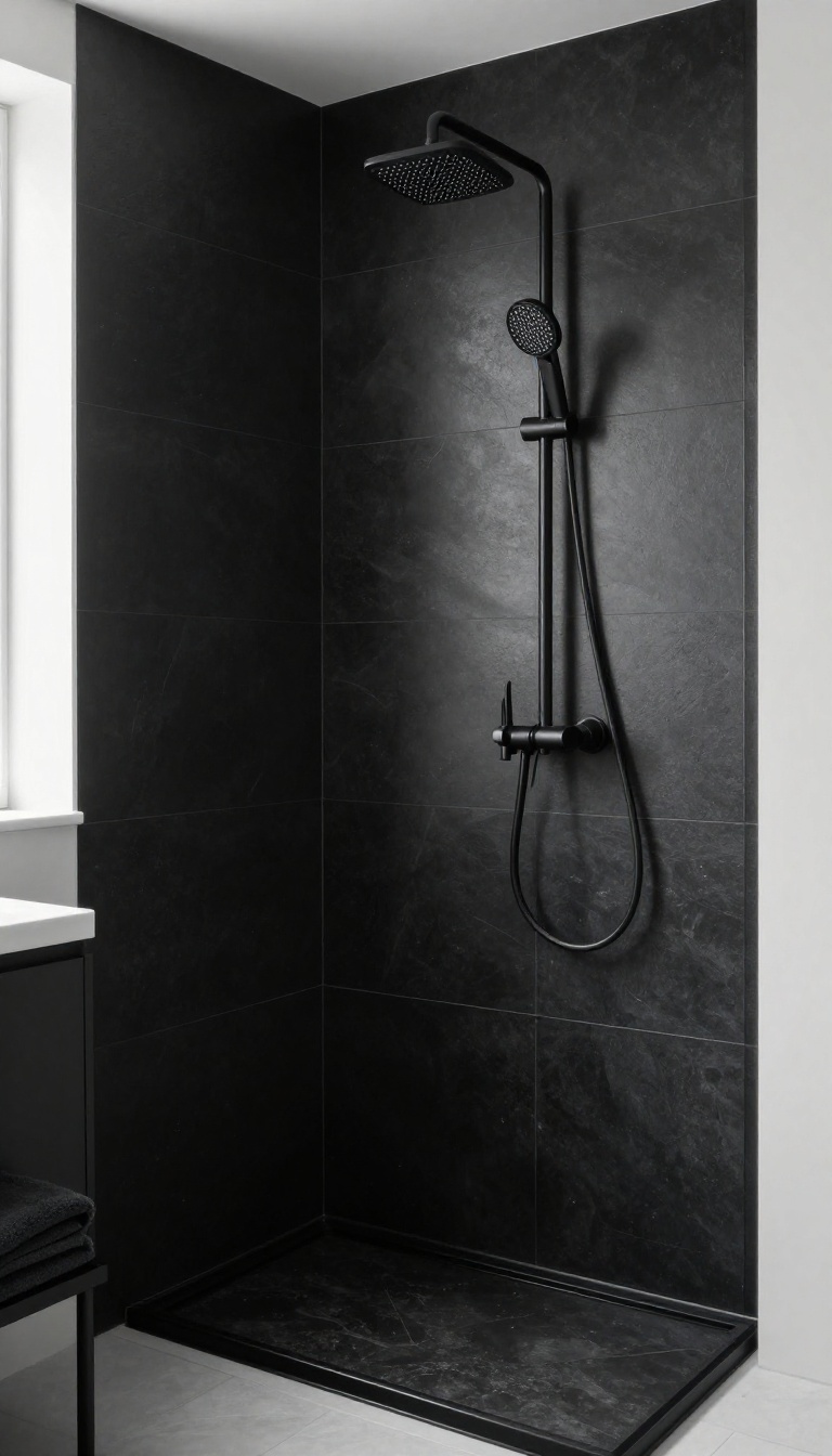 Monochrome black shower with matte black large-format tiles, matching black grout, and matte black fixtures in soft natural light
