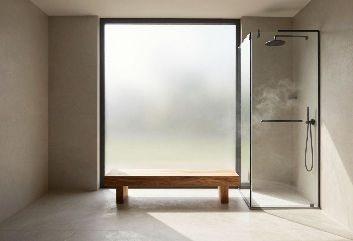 Modern shower with a floating teak bench and glass enclosure.