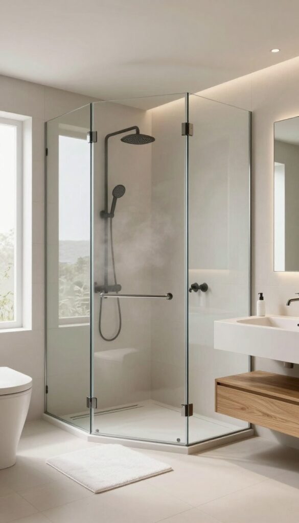 Large frameless glass shower enclosure in a bright, open luxury bathroom with natural light, minimal matte black fixtures, and a clean, spa-like aesthetic.
