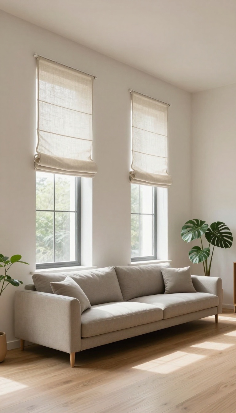 Bright loft living room with tall sloped-wall window dressed in simple linen Roman shades and high-hung neutral curtains letting in natural light
