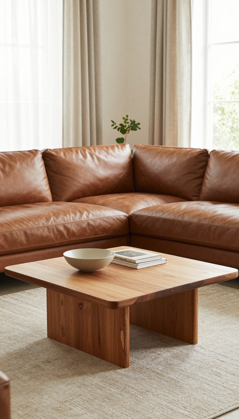 Leather couch paired with a honey oak wood coffee table showing visible natural grain in a bright, warmly styled living room
