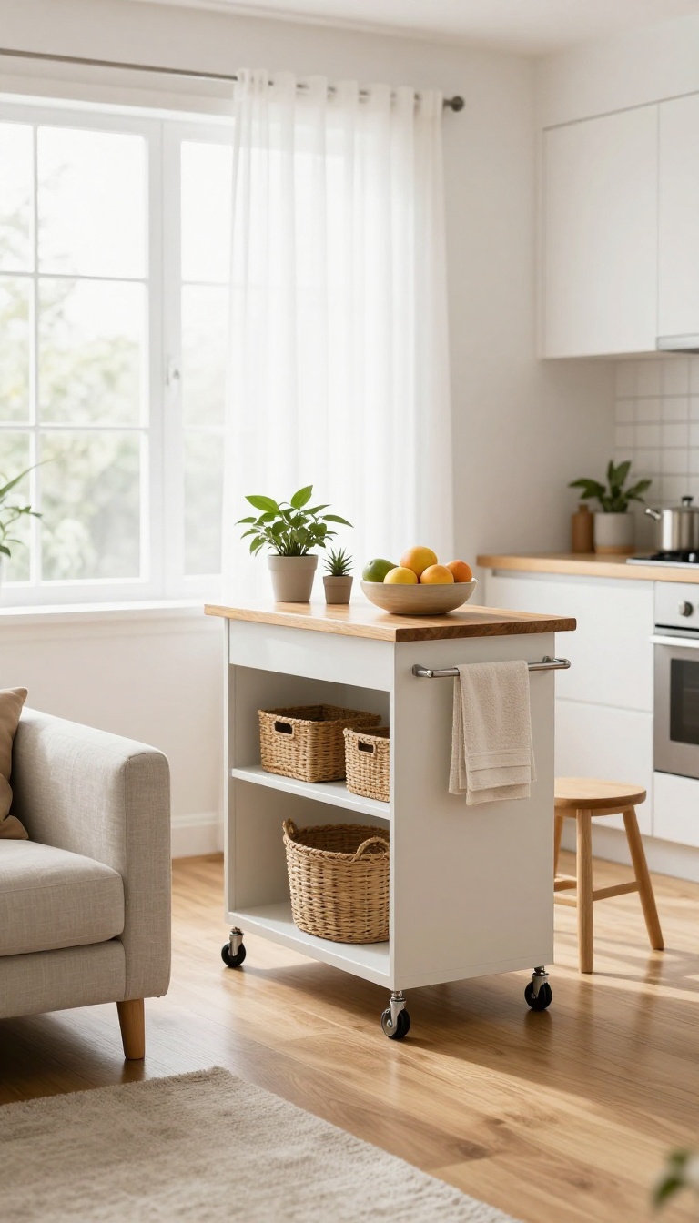 Bright small living room with open kitchen and a slim rolling butcher-block cart used for prep and dining