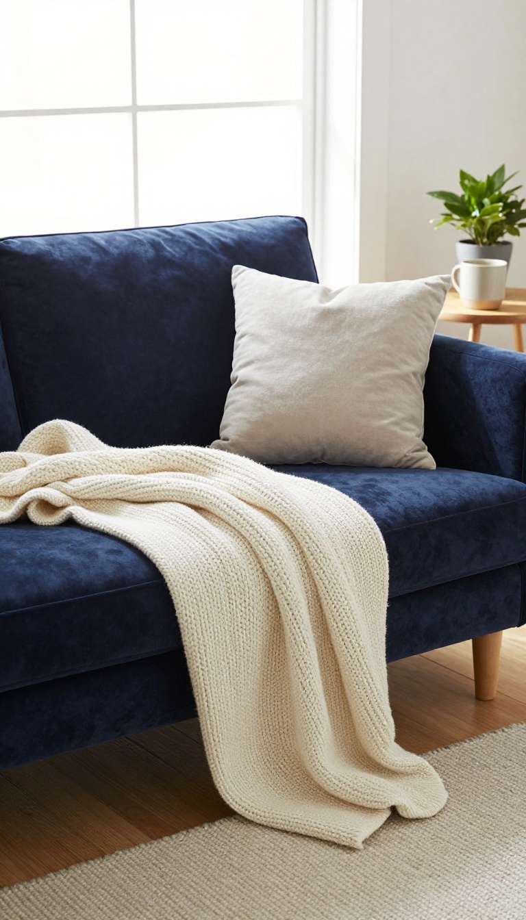 Chunky cream knit throw casually draped over the arm of a navy blue couch in a bright cozy living room