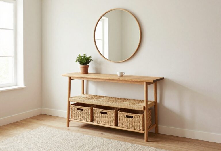 Welcoming entry living room with console table, mirror, bench, and rug