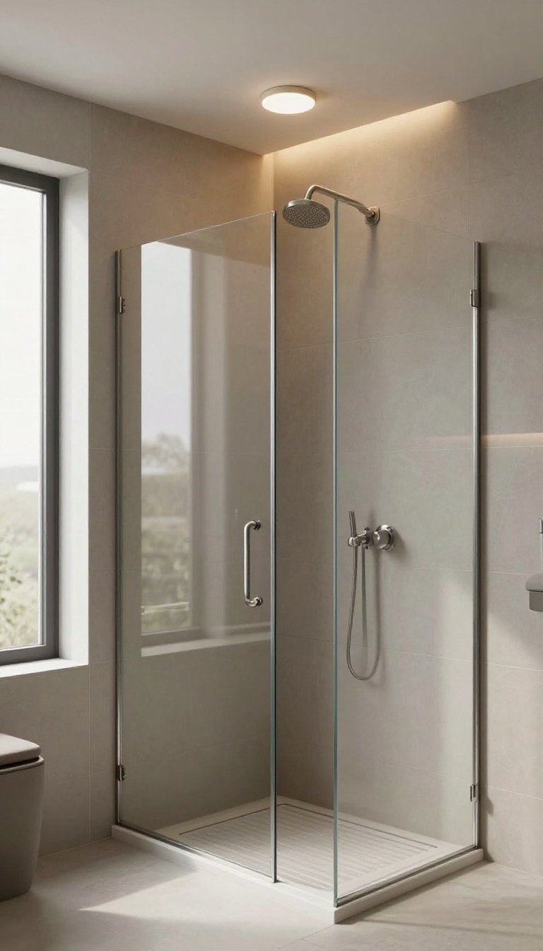 Modern shower with layered lighting from a flush-mount ceiling light and a wall sconce creating soft, even illumination on tile walls