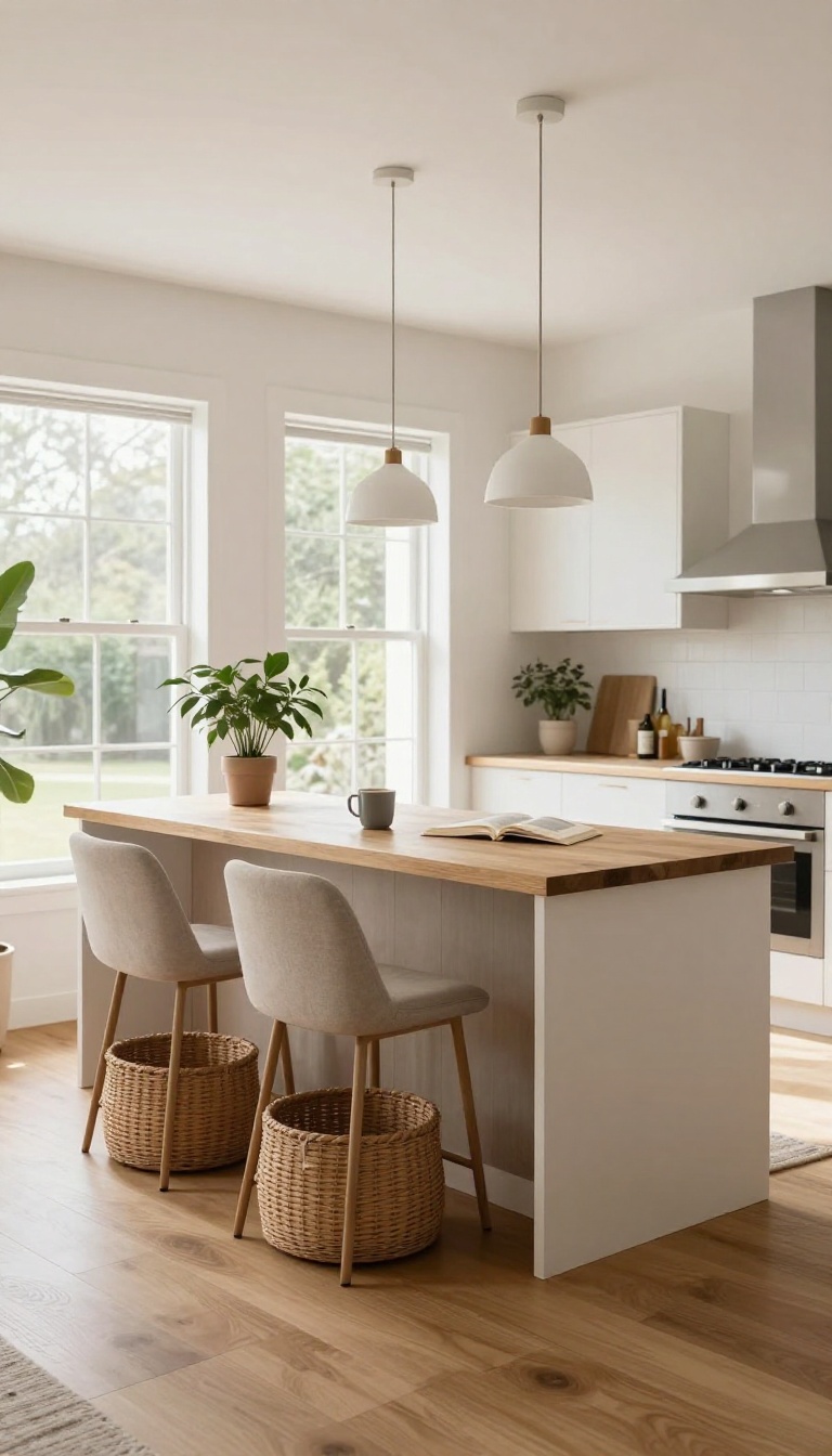 Open-concept kitchen and living room with a raised breakfast bar behind the sofa acting as a backrest and room divider