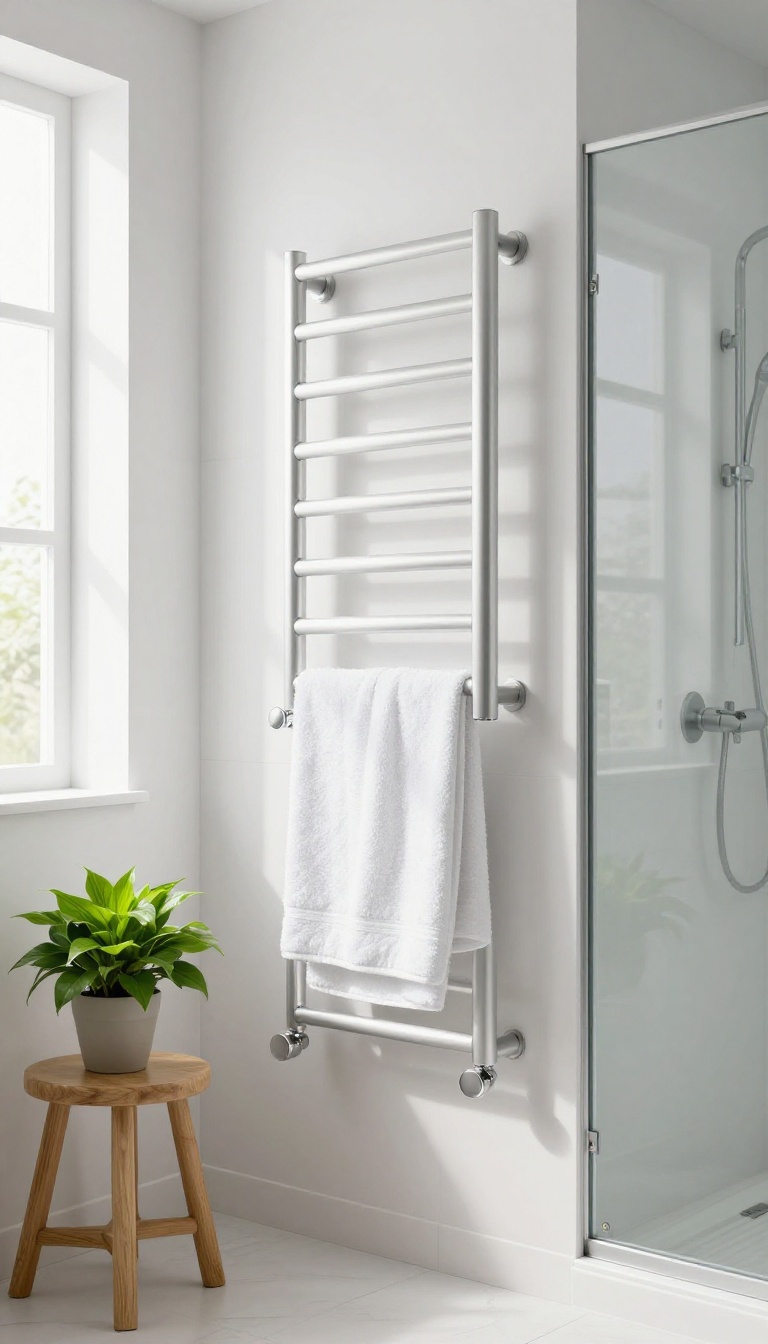 Modern bathroom with a heated towel rail holding fluffy white towels near a glass shower