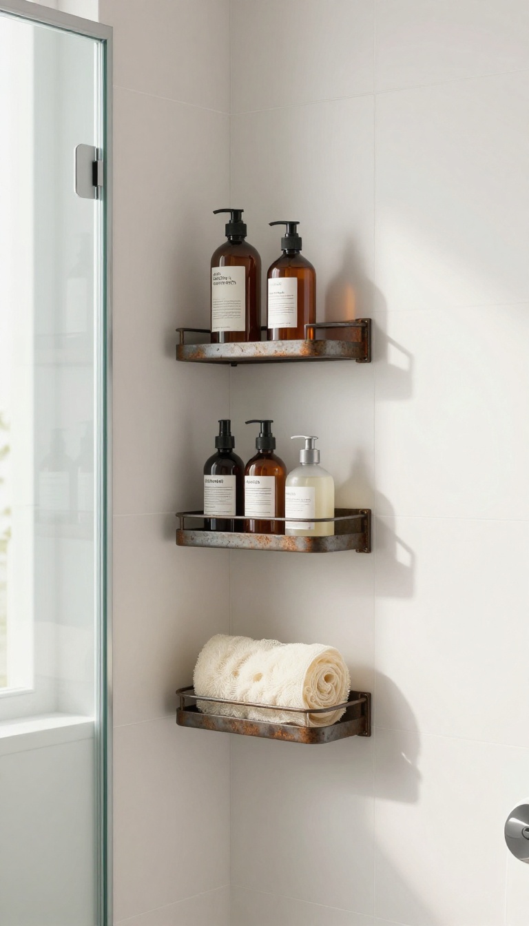 Slim vertical shower caddy mounted in narrow space between showerhead and wall, holding toiletries in a bright modern bathroom.