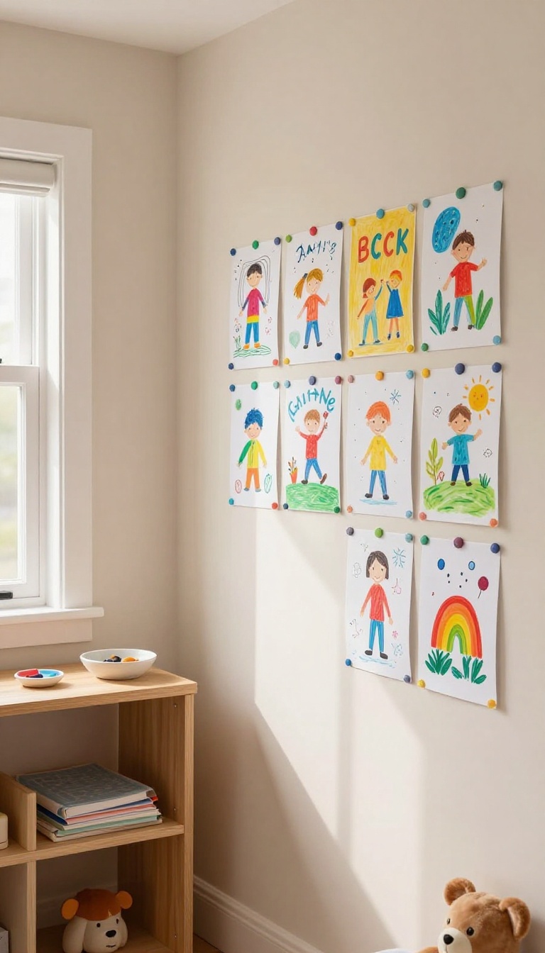 Bright kids' bedroom wall used as a magnetic art gallery with children's drawings held up by magnets and a small dish of magnets on a shelf