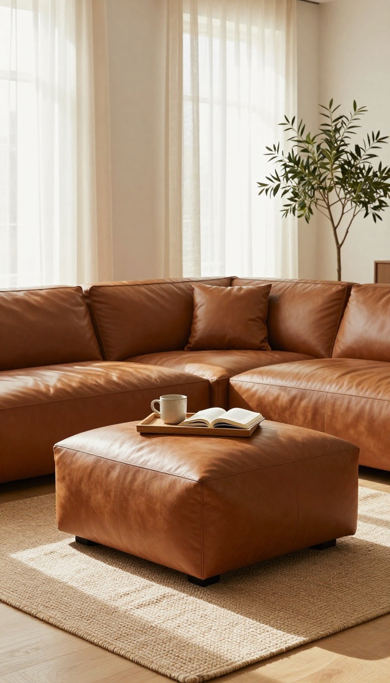 Bright living room with a cognac leather couch and a mismatched leather ottoman holding a tray, styled with natural light and neutral decor