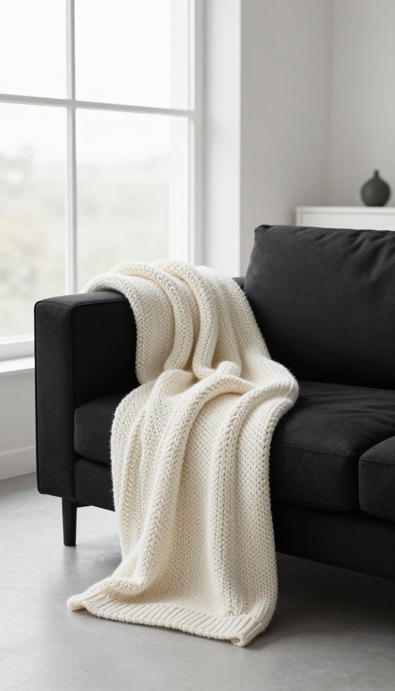Black couch in a bright living room styled with a cream chunky knit throw draped over one arm