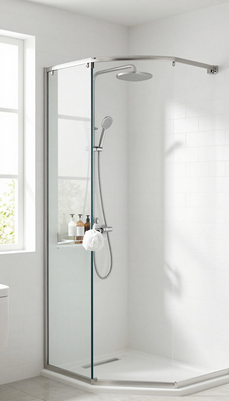 Modern shower caddy rod with integrated storage in a bright, clean bathroom