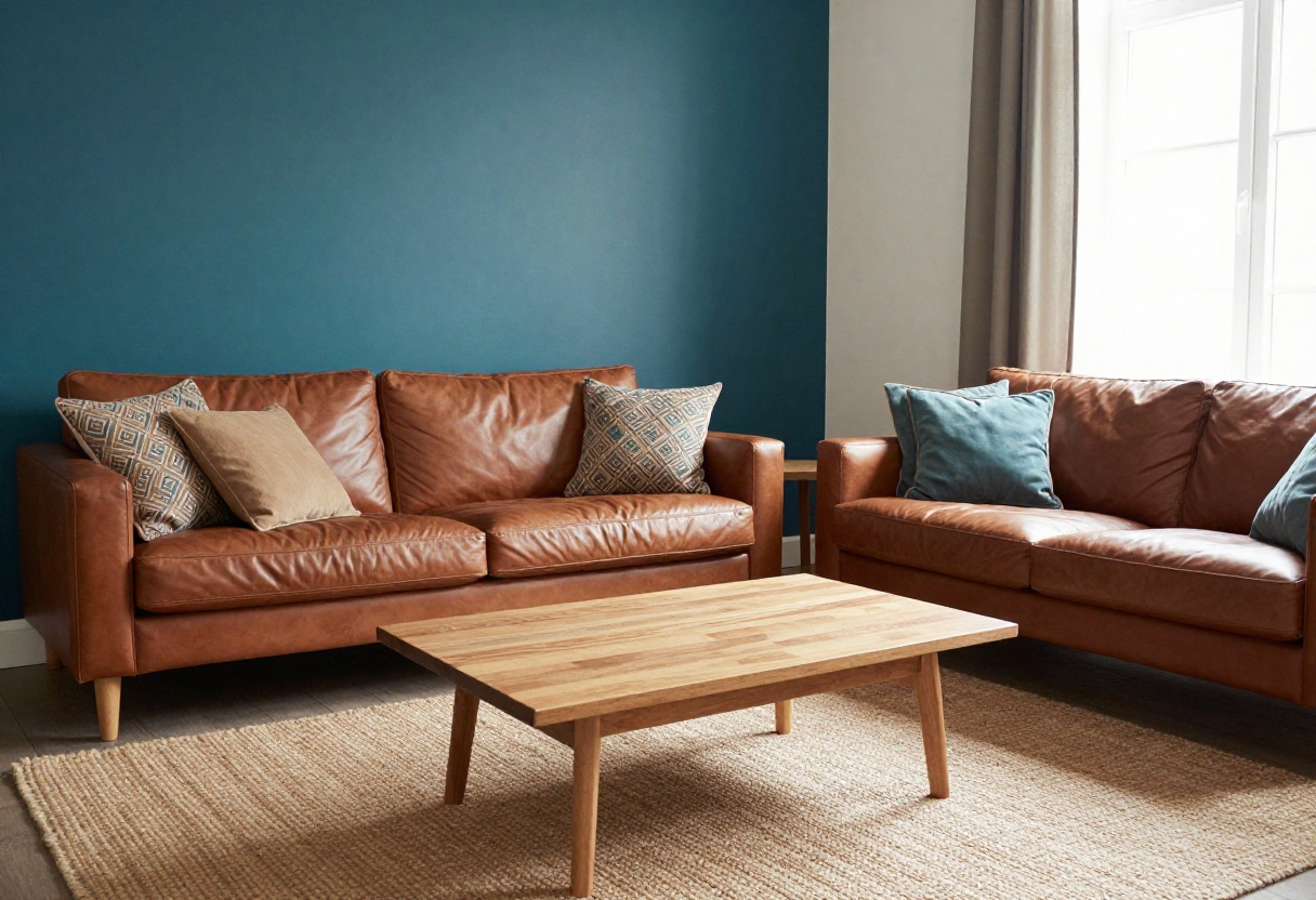 Living room with teal accent wall, brown leather sofa, and balanced teal and brown decor.