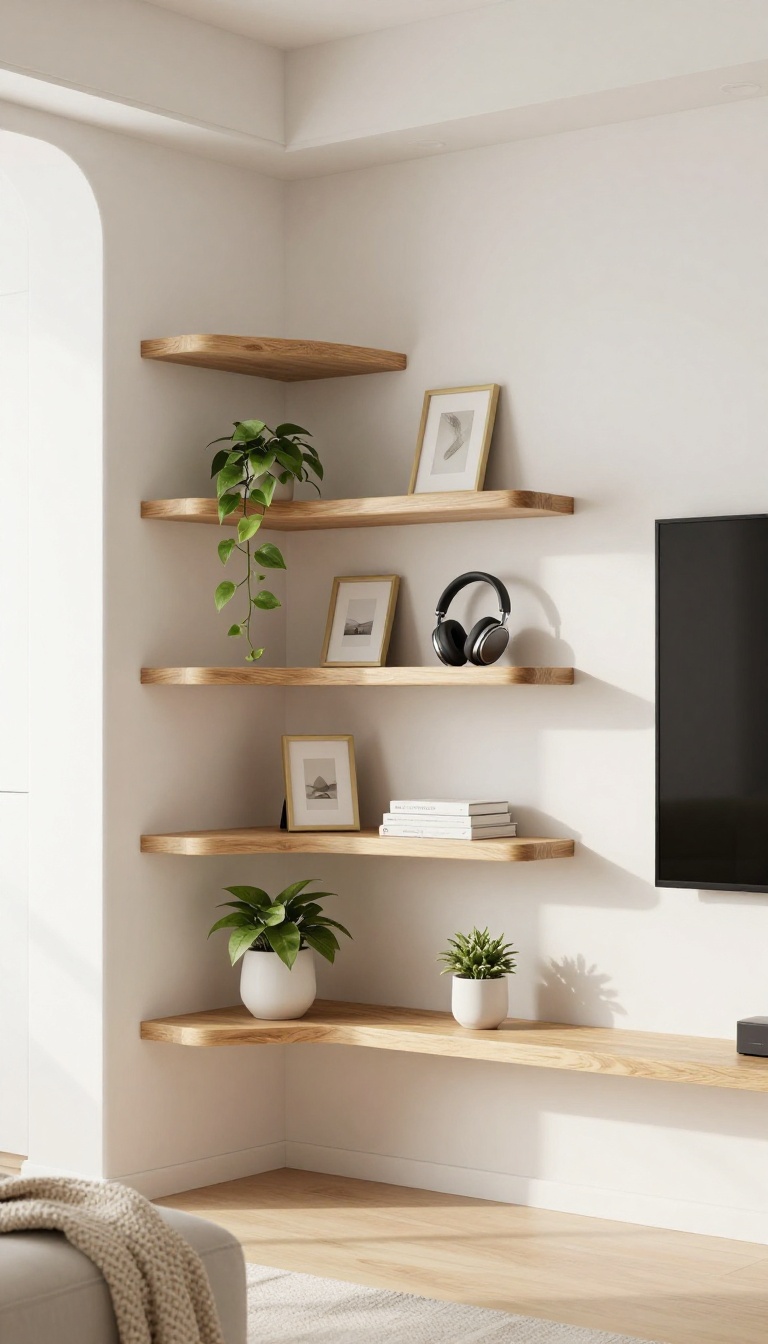Bright living room corner with staggered wooden floating corner shelves holding a small plant, picture frame, and headphones beside a wall-mounted TV