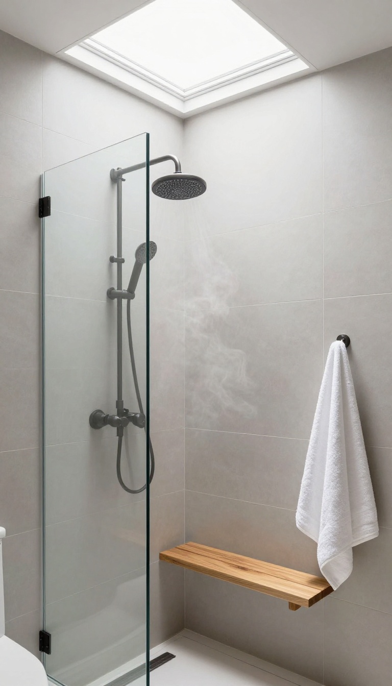Bright bathroom shower with a ceiling skylight letting in natural daylight