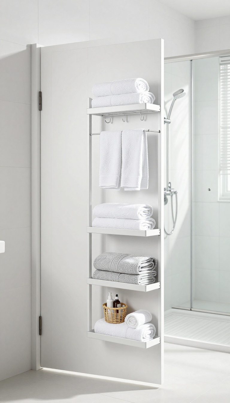 Over-the-door rack on a bathroom door holding towels and toiletries