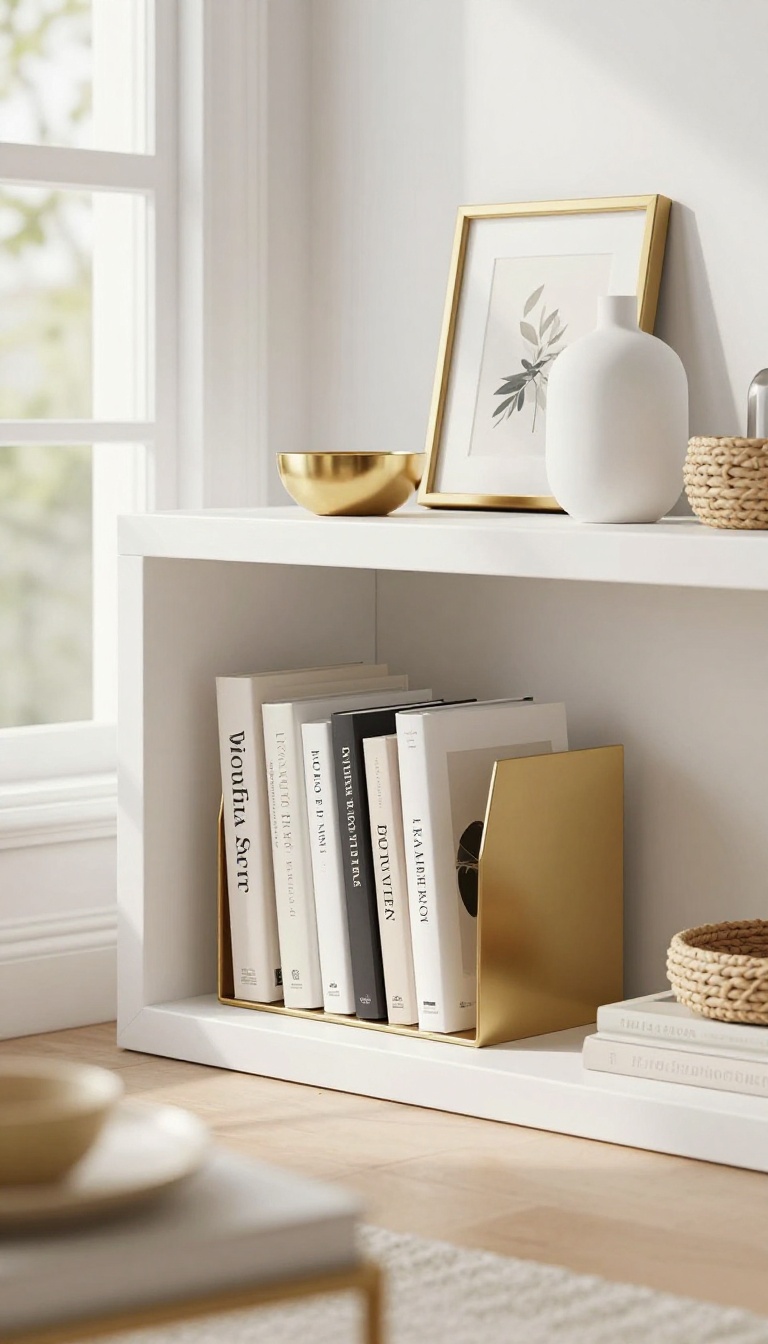 White living room bookshelf styled with gold bookends, gold frames, and small gold decorative objects mixed with books and white vases