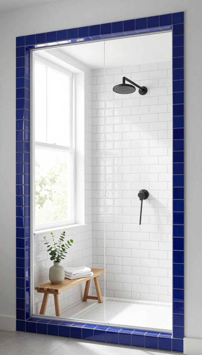 Bright modern shower with a window framed by a slim deep blue mosaic tile border set into white subway tile walls