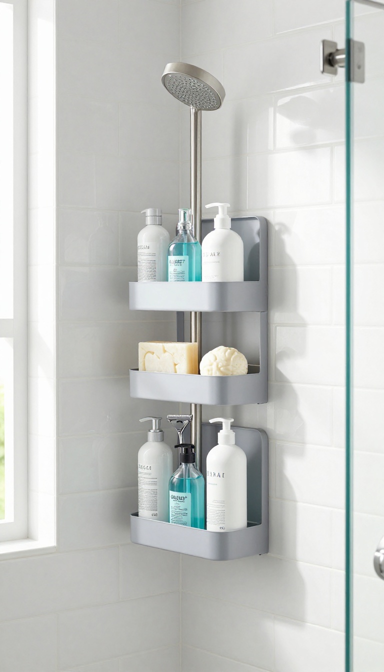 Corner shower with a tension pole caddy holding toiletries, showcasing smart storage in a bright, modern bathroom.