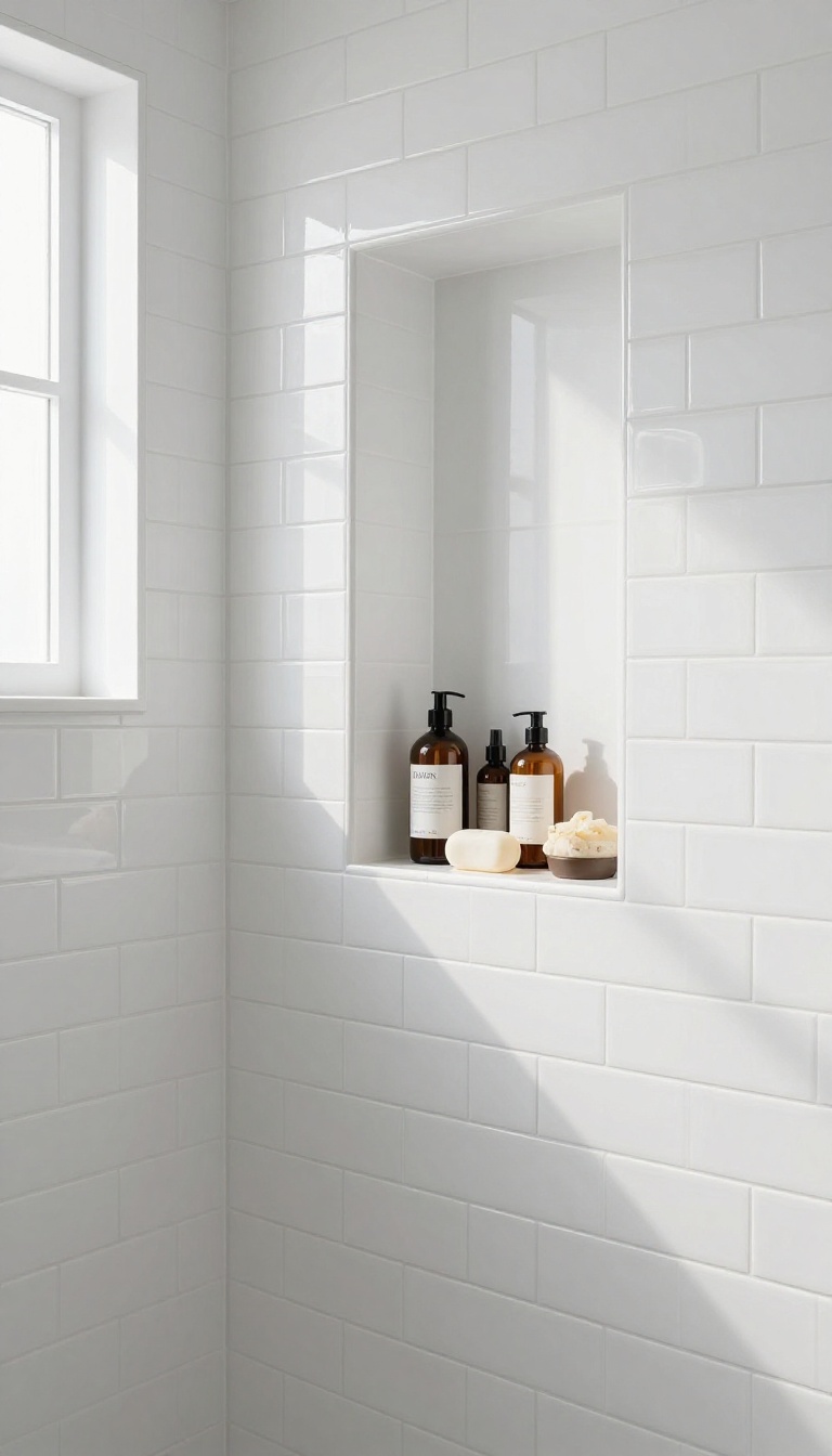 Bright bathroom shower with a recessed niche lined in white subway tile and toiletries inside