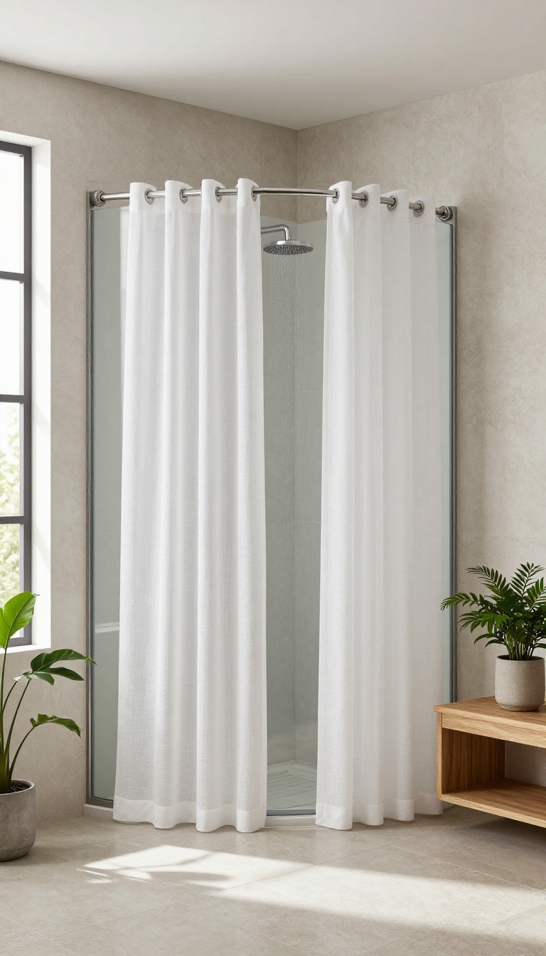 Modern walk-in shower with two white linen curtains on a double rod, open to the sides, in a bright bathroom