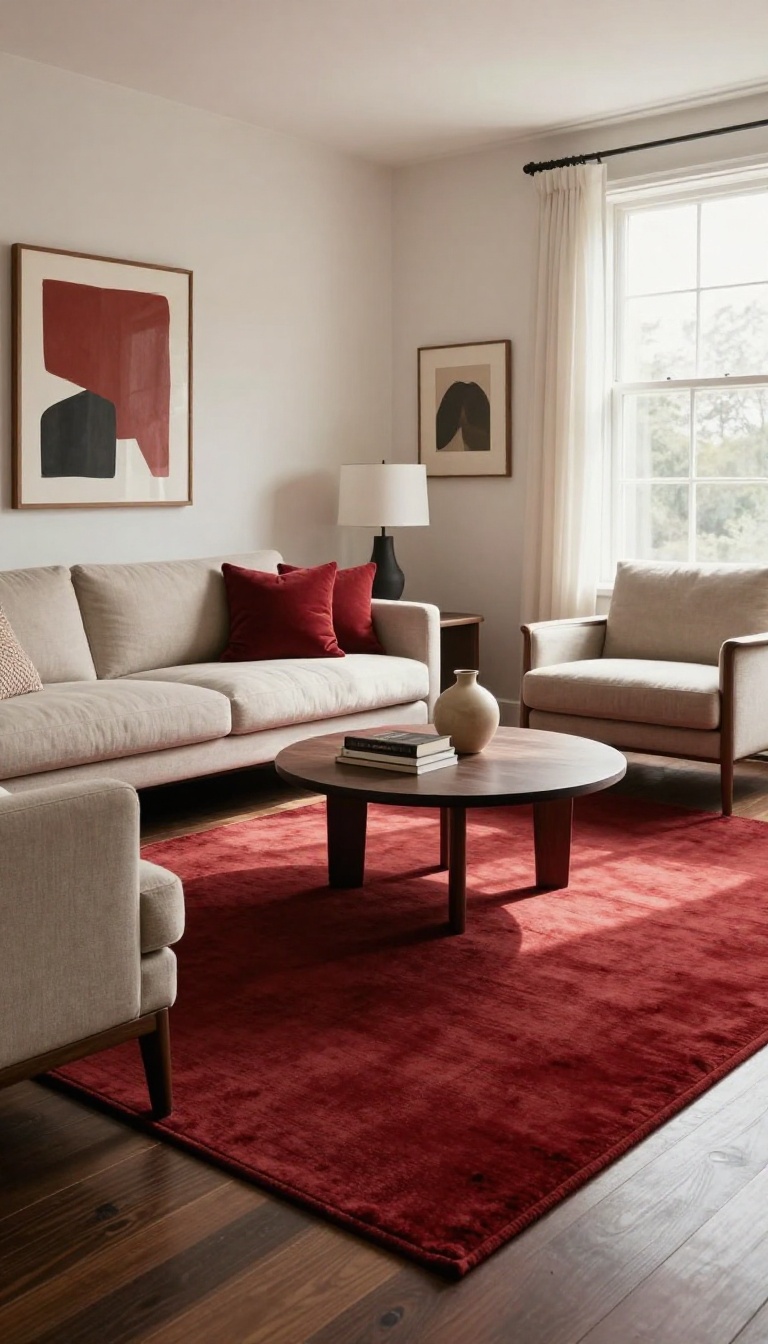 Warm dramatic living room with a deep crimson red area rug anchoring a neutral sofa and accent chairs in natural light