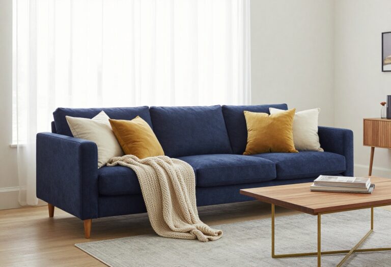 Navy blue couch in a cozy living room with warm accents and natural light.