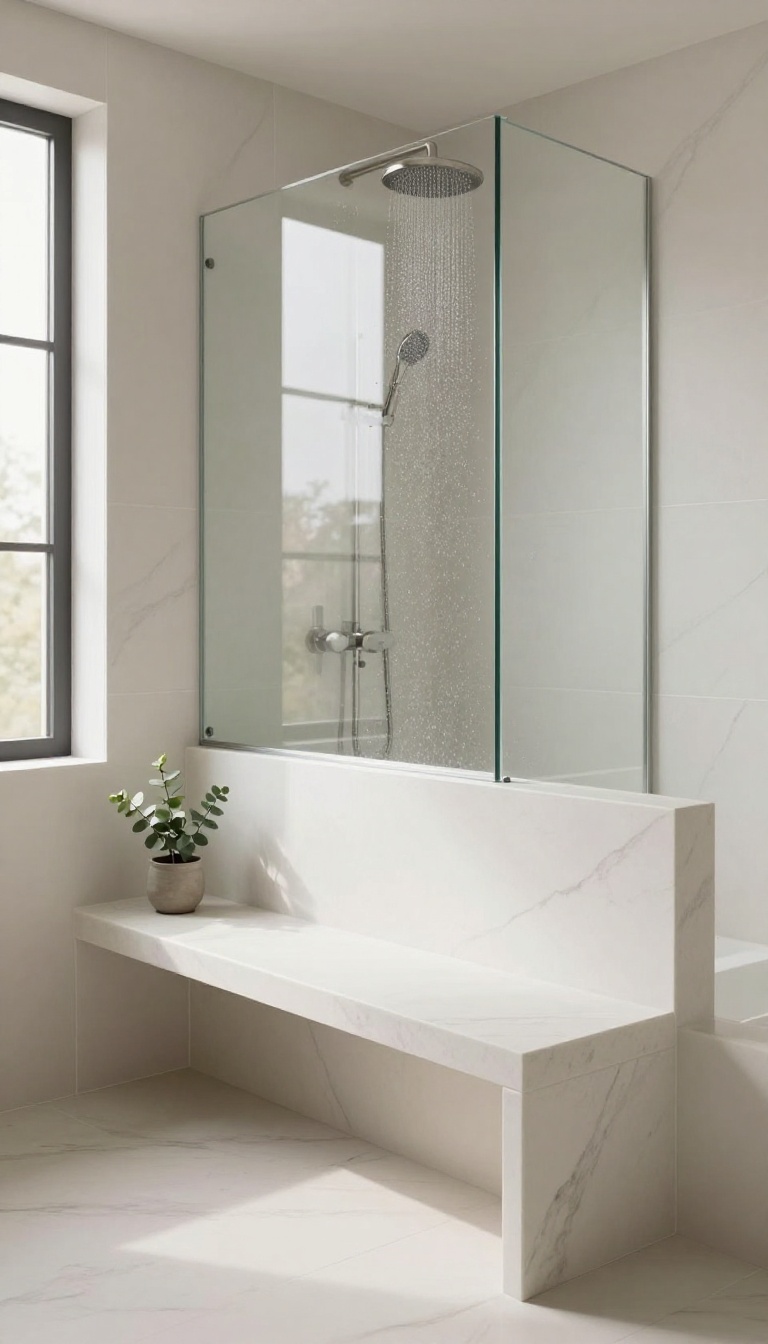 Floating shower bench built seamlessly into a tiled knee wall in a bright modern bathroom